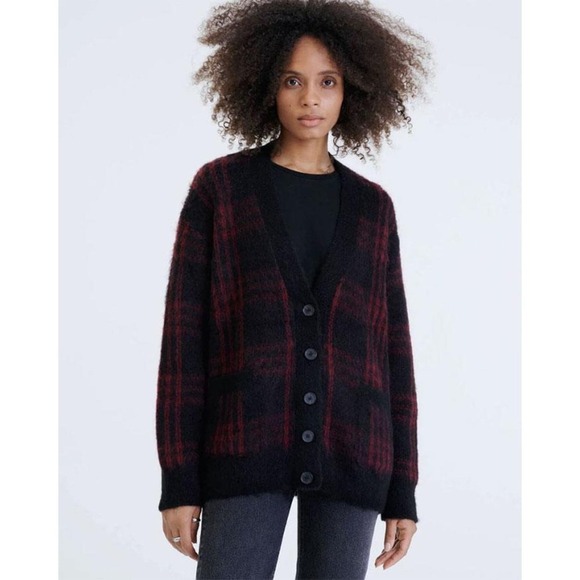 RE/DONE 90s Oversized Button Front Cardigan Sweater Black Burgundy Plaid Size M - Picture 1 of 12